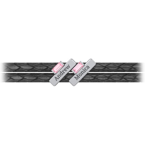 Engravable Sterling Silver Bar & Baguette Leather Bracelet - 2 – Sterling Silver with Pink Tourmaline