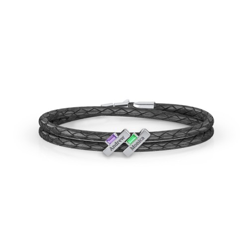 Engravable Sterling Silver Bar & Baguette Leather Bracelet - 2 – Sterling Silver with Amethyst and Emerald