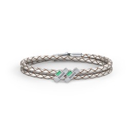 Engravable Sterling Silver Bar & Baguette Leather Bracelet - 2 in 925 Sterling Silver with Emerald
