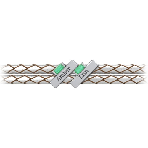 Engravable Sterling Silver Bar & Baguette Leather Bracelet - 2 – Sterling Silver with Emerald