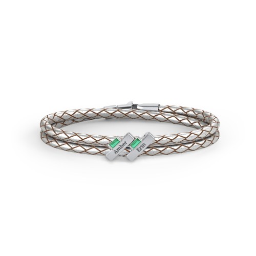 Engravable Sterling Silver Bar & Baguette Leather Bracelet - 2 – Sterling Silver with Emerald