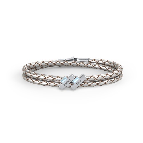 Engravable Sterling Silver Bar & Baguette Leather Bracelet - 2 – Sterling Silver with Blue Topaz