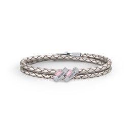 Engravable Sterling Silver Bar & Baguette Leather Bracelet - 2 in 925 Sterling Silver with Pink Tourmaline