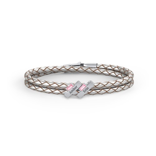 Engravable Sterling Silver Bar & Baguette Leather Bracelet - 2 – Sterling Silver with Pink Tourmaline