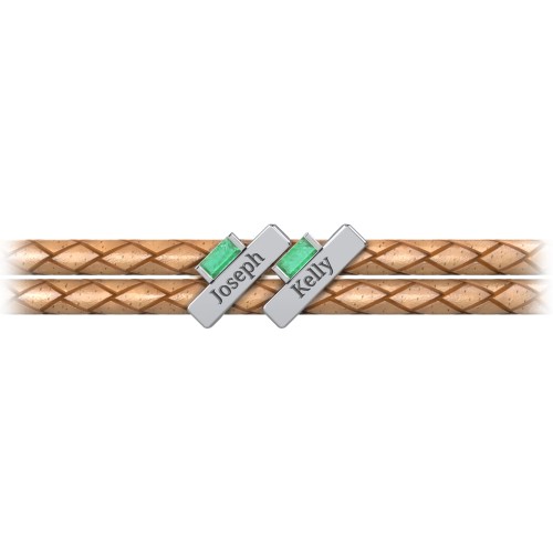Engravable Sterling Silver Bar & Baguette Leather Bracelet - 2 – Sterling Silver with Emerald