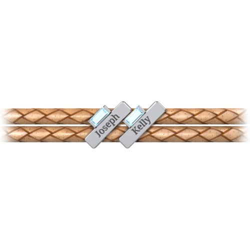 Engravable Sterling Silver Bar & Baguette Leather Bracelet - 2 – Sterling Silver with Blue Topaz