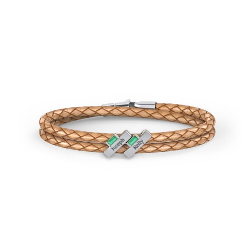 Engravable Sterling Silver Bar & Baguette Leather Bracelet - 2 – Sterling Silver with Emerald