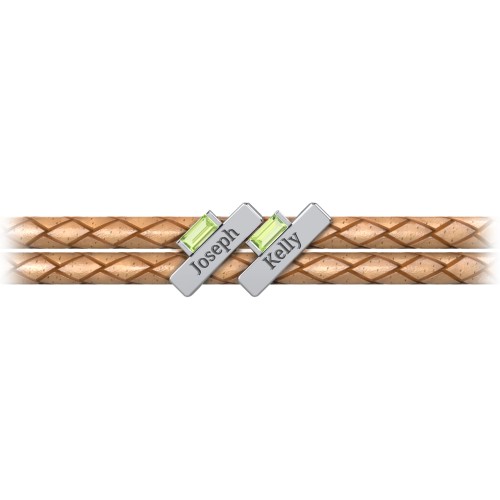 Engravable Sterling Silver Bar & Baguette Leather Bracelet - 2 – Sterling Silver with Peridot