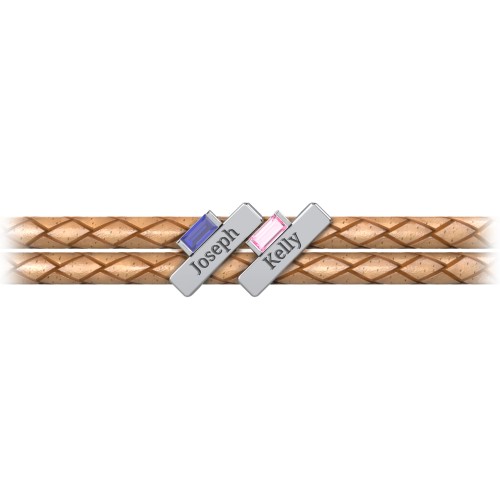 Engravable Sterling Silver Bar & Baguette Leather Bracelet - 2 – Sterling Silver with Blue Sapphire and Pink Tourmaline