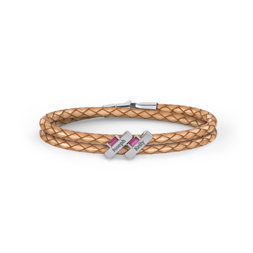 Engravable Sterling Silver Bar & Baguette Leather Bracelet - 2 – Sterling Silver with Ruby