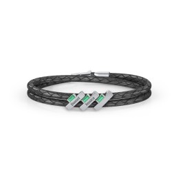 Engravable Sterling Silver Bar & Baguette Leather Bracelet - 3 in 925 Sterling Silver with Emerald