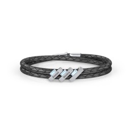 Engravable Sterling Silver Bar & Baguette Leather Bracelet - 3 in 925 Sterling Silver with Blue Topaz