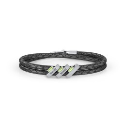 Engravable Sterling Silver Bar & Baguette Leather Bracelet - 3 in 925 Sterling Silver with Peridot
