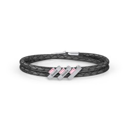 Engravable Sterling Silver Bar & Baguette Leather Bracelet - 3 in 925 Sterling Silver with Pink Tourmaline