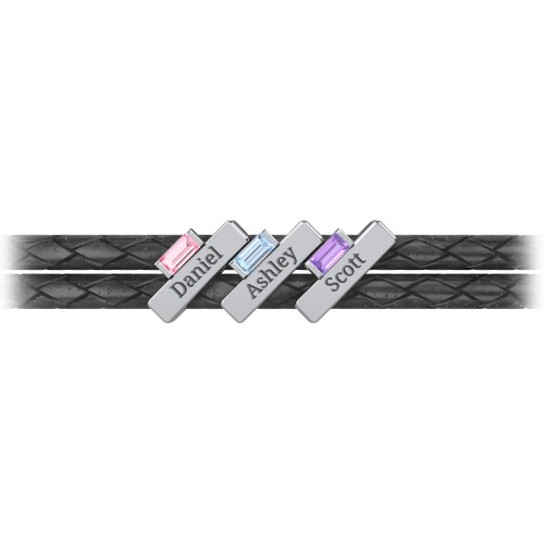Engravable Sterling Silver Bar & Baguette Leather Bracelet - 3 – Sterling Silver with Pink Tourmaline, Blue Topaz, and Amethyst