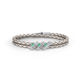 Engravable Sterling Silver Bar & Baguette Leather Bracelet - 3 in 925 Sterling Silver with Emerald