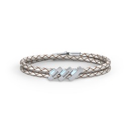 Engravable Sterling Silver Bar & Baguette Leather Bracelet - 3 in 925 Sterling Silver with Blue Topaz