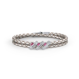 Engravable Sterling Silver Bar & Baguette Leather Bracelet - 3 in 925 Sterling Silver with Ruby