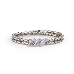 Engravable Sterling Silver Bar & Baguette Leather Bracelet - 3 in 925 Sterling Silver with Pink Tourmaline