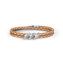 Engravable Sterling Silver Bar & Baguette Leather Bracelet - 3 in 925 Sterling Silver with Blue Topaz