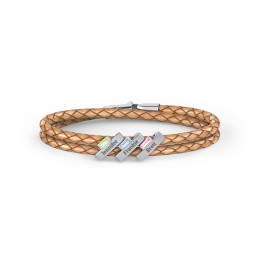 Engravable Sterling Silver Bar & Baguette Leather Bracelet - 3 in 925 Sterling Silver with Peridot, Blue Topaz, and Pink Tourmaline