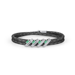 Engravable Sterling Silver Bar & Baguette Leather Bracelet - 4 in 925 Sterling Silver with Emerald