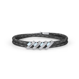 Engravable Sterling Silver Bar & Baguette Leather Bracelet - 4 in 925 Sterling Silver with Blue Topaz