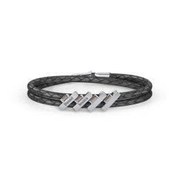 Engravable Sterling Silver Bar & Baguette Leather Bracelet - 4 in 925 Sterling Silver with Smokey Quartz
