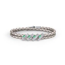 Engravable Sterling Silver Bar & Baguette Leather Bracelet - 4 in 925 Sterling Silver with Emerald