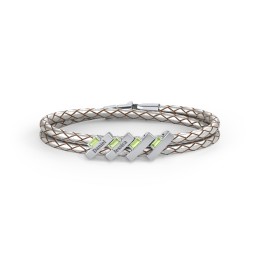Engravable Sterling Silver Bar & Baguette Leather Bracelet - 4 in 925 Sterling Silver with Peridot