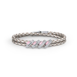 Engravable Sterling Silver Bar & Baguette Leather Bracelet - 4 in 925 Sterling Silver with Pink Tourmaline
