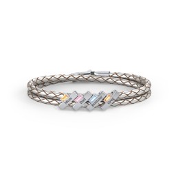 Engravable Sterling Silver Bar & Baguette Leather Bracelet - 4 in 925 Sterling Silver with Citrine, Pink Tourmaline, and Blue Topaz