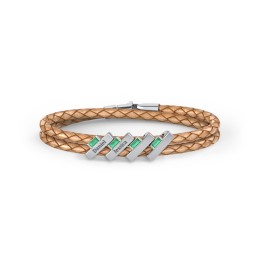 Engravable Sterling Silver Bar & Baguette Leather Bracelet - 4 in 925 Sterling Silver with Emerald