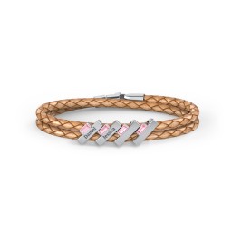 Engravable Sterling Silver Bar & Baguette Leather Bracelet - 4 in 925 Sterling Silver with Pink Tourmaline