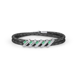 Engravable Sterling Silver Bar & Baguette Leather Bracelet - 5 in 925 Sterling Silver with Emerald