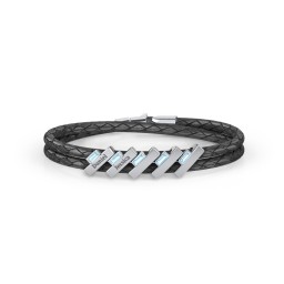 Engravable Sterling Silver Bar & Baguette Leather Bracelet - 5 in 925 Sterling Silver with Blue Topaz