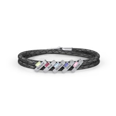 Engravable Sterling Silver Bar & Baguette Leather Bracelet - 5 – Sterling Silver with Peridot, Ruby, Blue Topaz, Blue Sapphire, and Pink Tourmaline