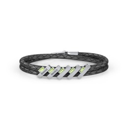 Engravable Sterling Silver Bar & Baguette Leather Bracelet - 5 in 925 Sterling Silver with Peridot