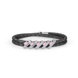 Engravable Sterling Silver Bar & Baguette Leather Bracelet - 5 in 925 Sterling Silver with Pink Tourmaline