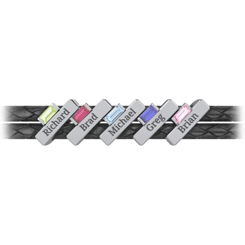 Engravable Sterling Silver Bar & Baguette Leather Bracelet - 5 – Sterling Silver with Peridot, Ruby, Blue Topaz, Blue Sapphire, and Pink Tourmaline