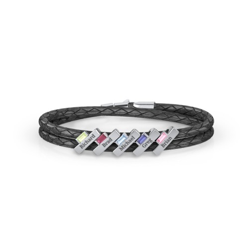 Engravable Sterling Silver Bar & Baguette Leather Bracelet - 5 – Sterling Silver with Peridot, Ruby, Blue Topaz, Blue Sapphire, and Pink Tourmaline