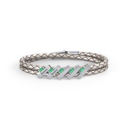 Engravable Sterling Silver Bar & Baguette Leather Bracelet - 5 in 925 Sterling Silver with Emerald