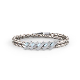 Engravable Sterling Silver Bar & Baguette Leather Bracelet - 5 in 925 Sterling Silver with Blue Topaz