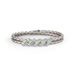 Engravable Sterling Silver Bar & Baguette Leather Bracelet - 5 in 925 Sterling Silver with Peridot