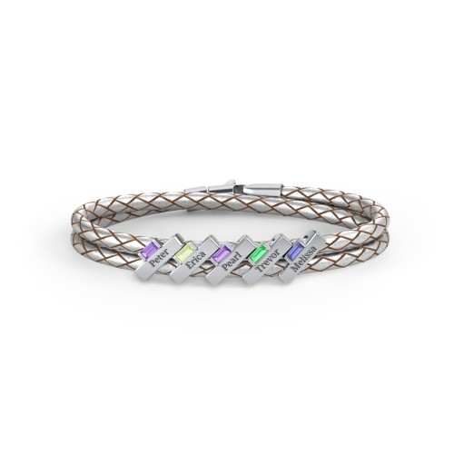 Engravable Sterling Silver Bar & Baguette Leather Bracelet - 5 – Sterling Silver with Amethyst, Peridot, Emerald, and Blue Sapphire
