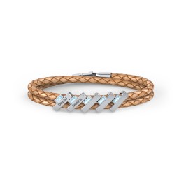 Engravable Sterling Silver Bar & Baguette Leather Bracelet - 5 in 925 Sterling Silver with Blue Topaz