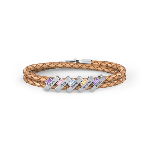 Engravable Sterling Silver Bar & Baguette Leather Bracelet - 5