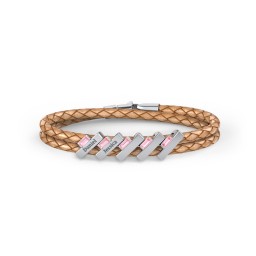 Engravable Sterling Silver Bar & Baguette Leather Bracelet - 5 in 925 Sterling Silver with Pink Tourmaline