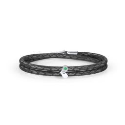 Engravable Sterling Silver Gemstone Heart Leather Bracelet in 925 Sterling Silver with Emerald