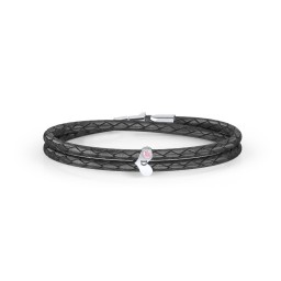Engravable Sterling Silver Gemstone Heart Leather Bracelet in 925 Sterling Silver with Pink Tourmaline
